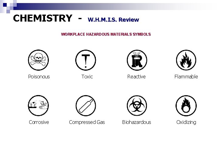 CHEMISTRY - W. H. M. I. S. Review WORKPLACE HAZARDOUS MATERIALS SYMBOLS Poisonous Toxic