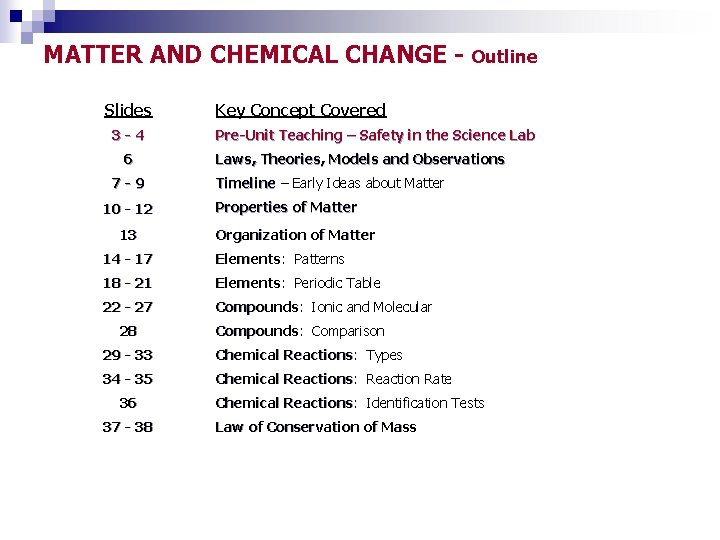 MATTER AND CHEMICAL CHANGE Slides 3 -4 6 7 -9 10 - 12 13