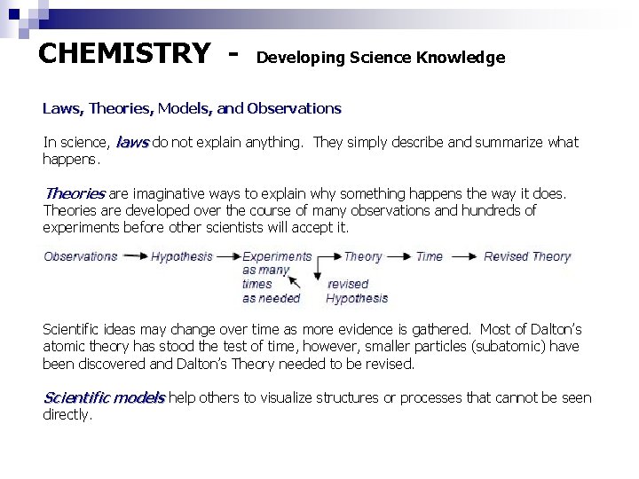 CHEMISTRY - Developing Science Knowledge Laws, Theories, Models, and Observations In science, laws do