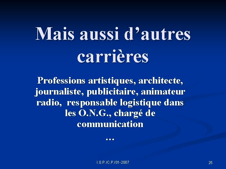 Mais aussi d’autres carrières Professions artistiques, architecte, journaliste, publicitaire, animateur radio, responsable logistique dans