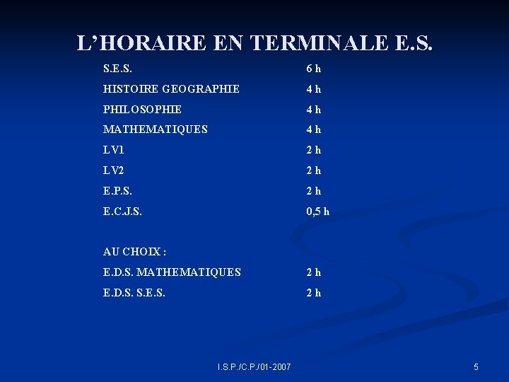 L’HORAIRE EN TERMINALE E. S. S. E. S. 6 h HISTOIRE GEOGRAPHIE 4 h