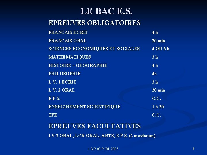 LE BAC E. S. EPREUVES OBLIGATOIRES FRANCAIS ECRIT 4 h FRANCAIS ORAL 20 min
