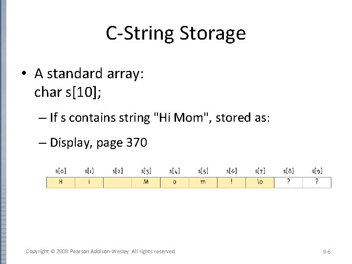 C-String Storage • A standard array: char s[10]; – If s contains string "Hi