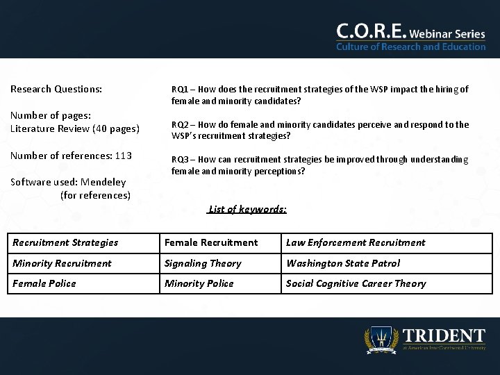 Research Questions: Number of pages: Literature Review (40 pages) Number of references: 113 Software