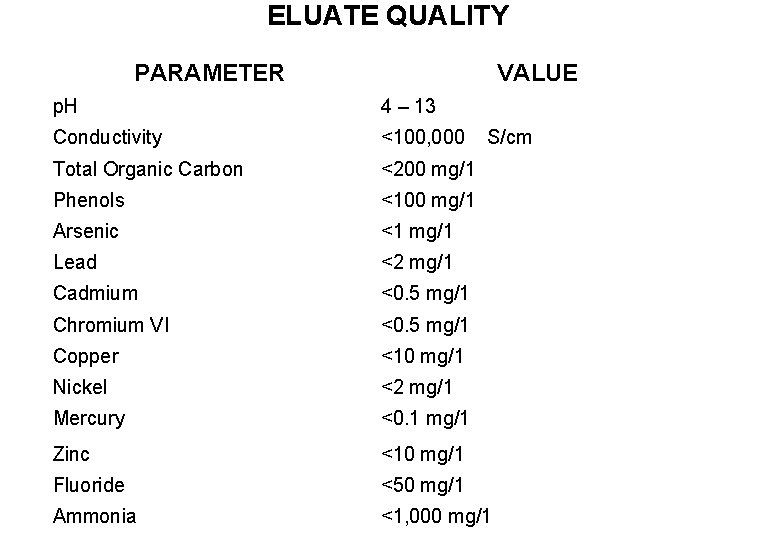 ELUATE QUALITY PARAMETER VALUE p. H 4 – 13 Conductivity <100, 000 Total Organic