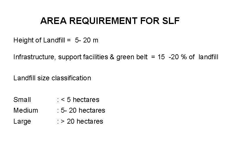 AREA REQUIREMENT FOR SLF Height of Landfill = 5 - 20 m Infrastructure, support