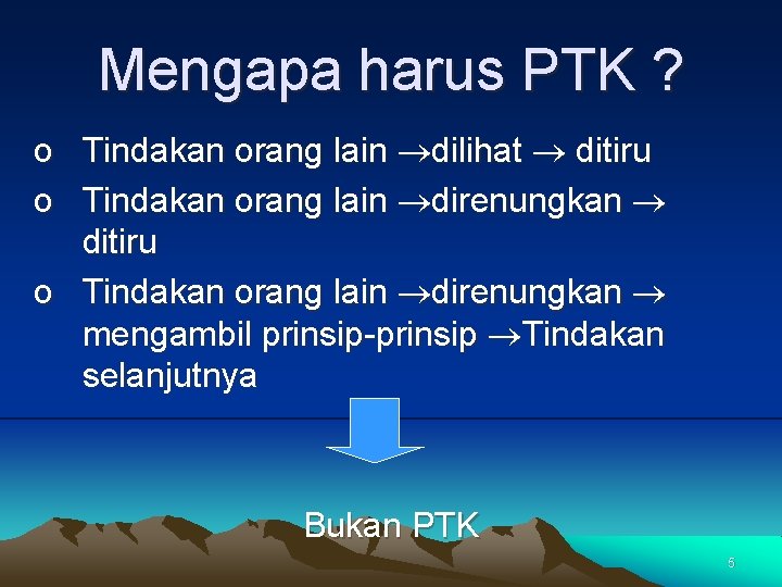 Mengapa harus PTK ? o Tindakan orang lain dilihat ditiru o Tindakan orang lain