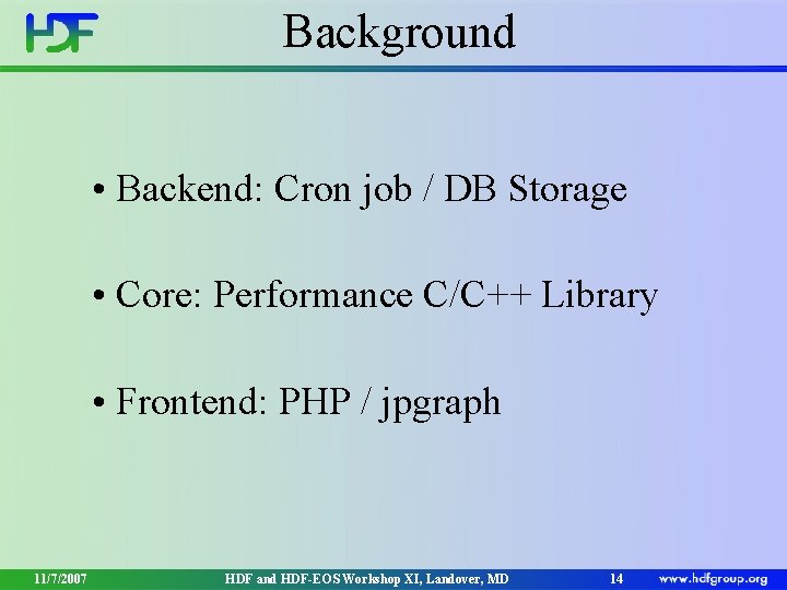 Background • Backend: Cron job / DB Storage • Core: Performance C/C++ Library • Background • Backend: Cron job / DB Storage • Core: Performance C/C++ Library •