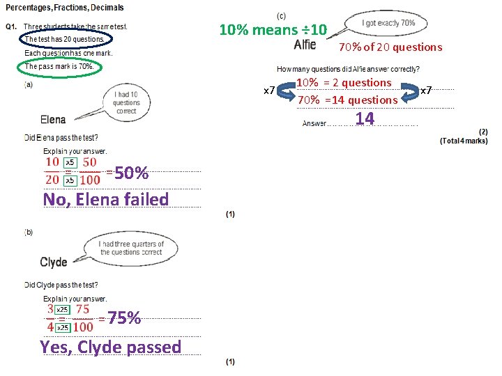 10% means ÷ 10 x 7 70% of 20 questions 10% = 2 questions