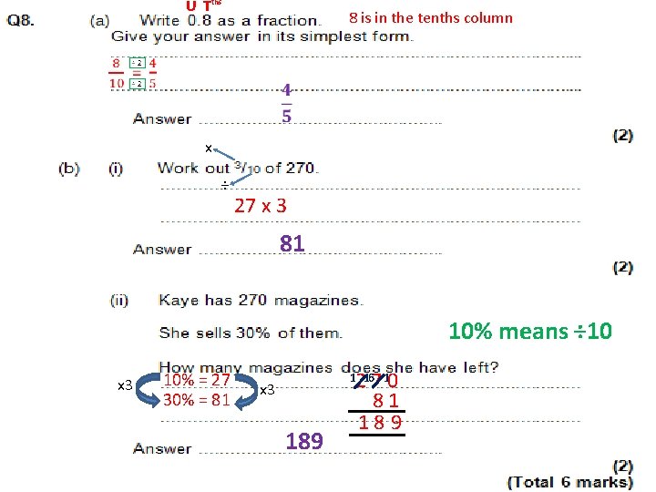 U T ths 8 is in the tenths column x ÷ 27 x 3