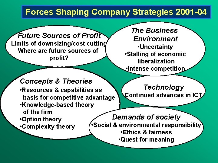 Forces Shaping Company Strategies 2001 -04 Future Sources of Profit Limits of downsizing/cost cutting