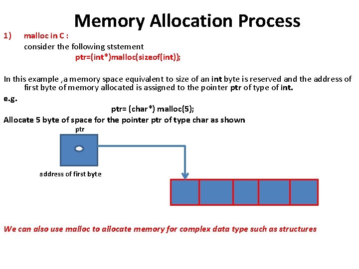 1) Memory Allocation Process malloc in C : consider the following ststement ptr=(int*)malloc(sizeof(int)); In
