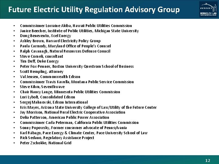 Future Electric Utility Regulation Advisory Group • • • • • • Commissioner Lorraine