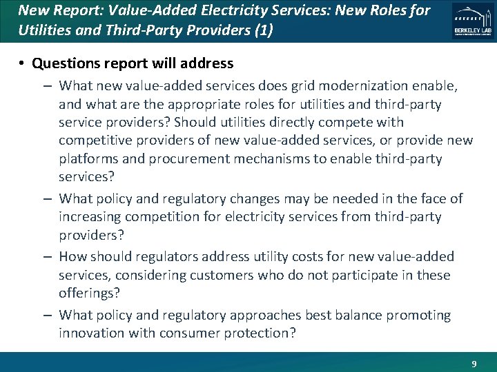New Report: Value-Added Electricity Services: New Roles for Utilities and Third-Party Providers (1) •