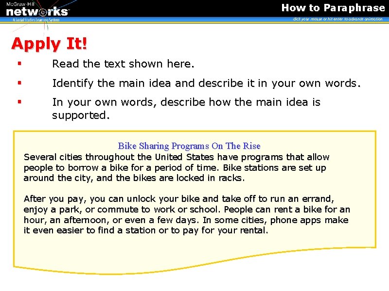 How to Paraphrase click your mouse or hit enter to advance animation Apply It!