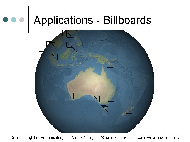 Applications - Billboards Code: miniglobe. svn. sourceforge. net/viewvc/miniglobe/Source/Scene/Renderables/Billboard. Collection/ 