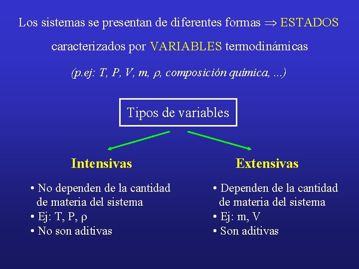 Los sistemas se presentan de diferentes formas Þ ESTADOS caracterizados por VARIABLES termodinámicas (p.