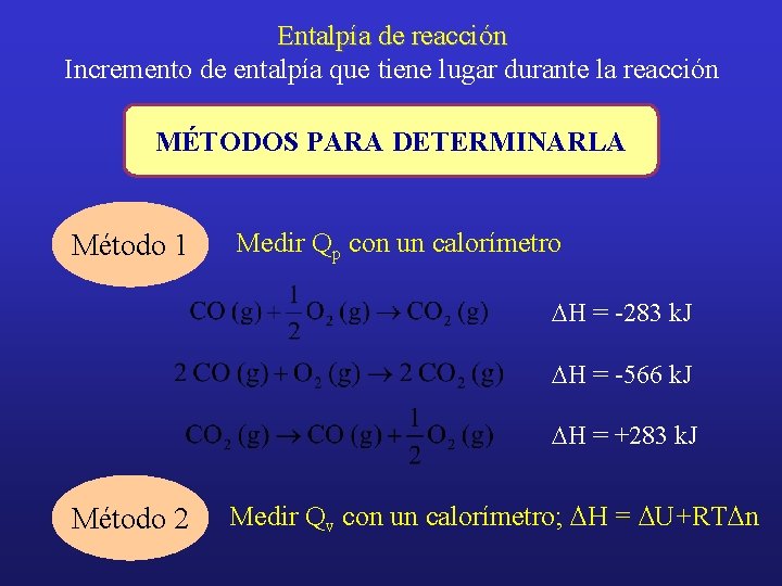 Entalpía de reacción Incremento de entalpía que tiene lugar durante la reacción MÉTODOS PARA