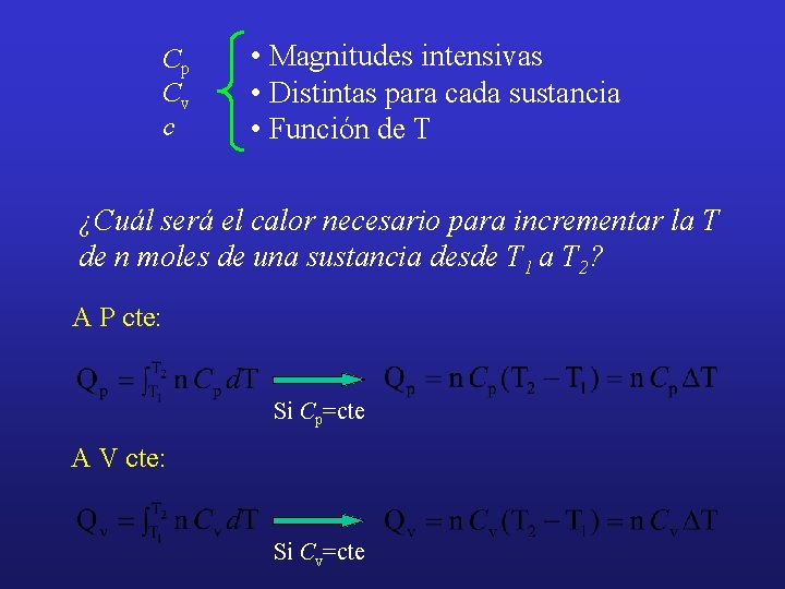 Cp Cv c • Magnitudes intensivas • Distintas para cada sustancia • Función de