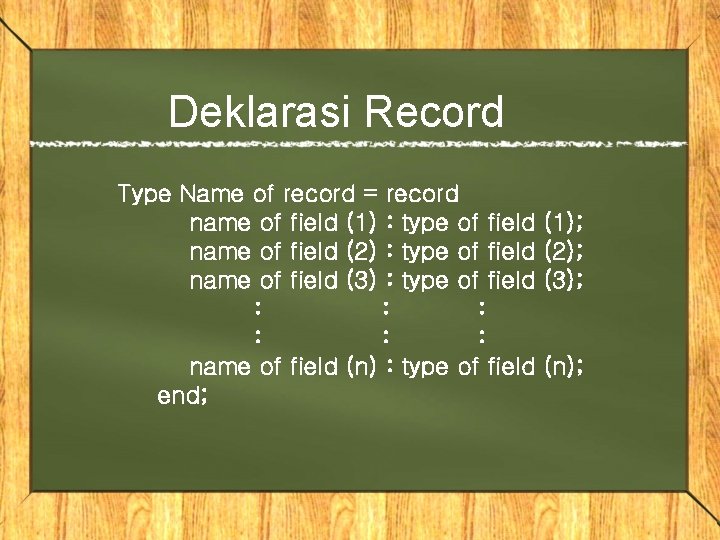 Deklarasi Record Type Name of record = record name of field (1) : type