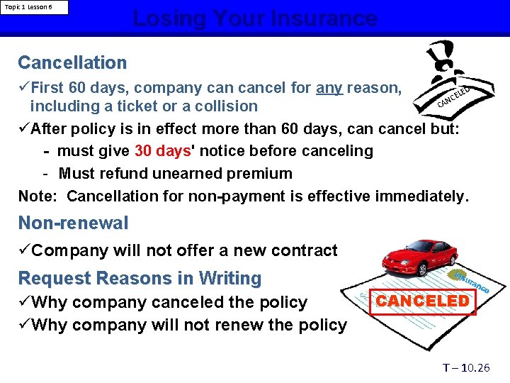 Topic 1 Lesson 6 Losing Your Insurance Cancellation üFirst 60 days, company cancel for