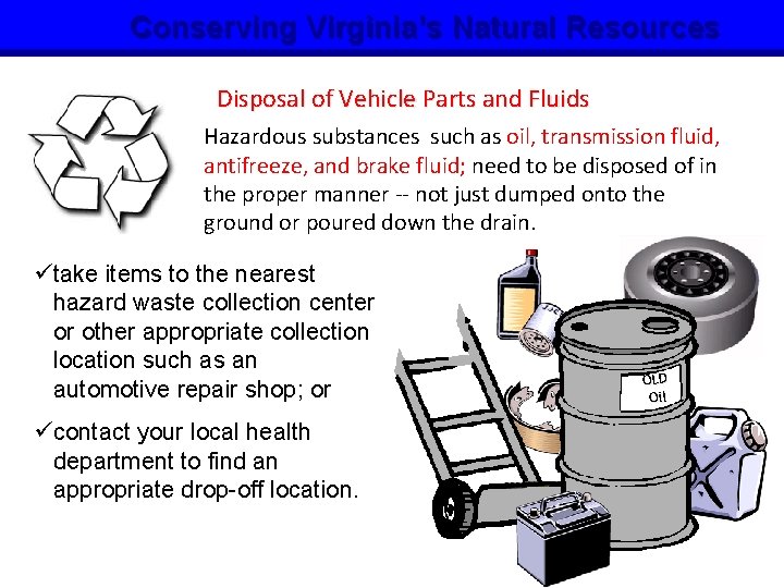 Conserving Virginia’s Natural Resources Disposal of Vehicle Parts and Fluids Hazardous substances such as