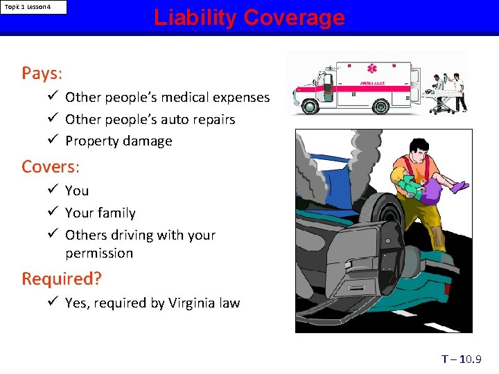 Topic 1 Lesson 4 Liability Coverage Pays: ü ü ü Other people’s medical expenses