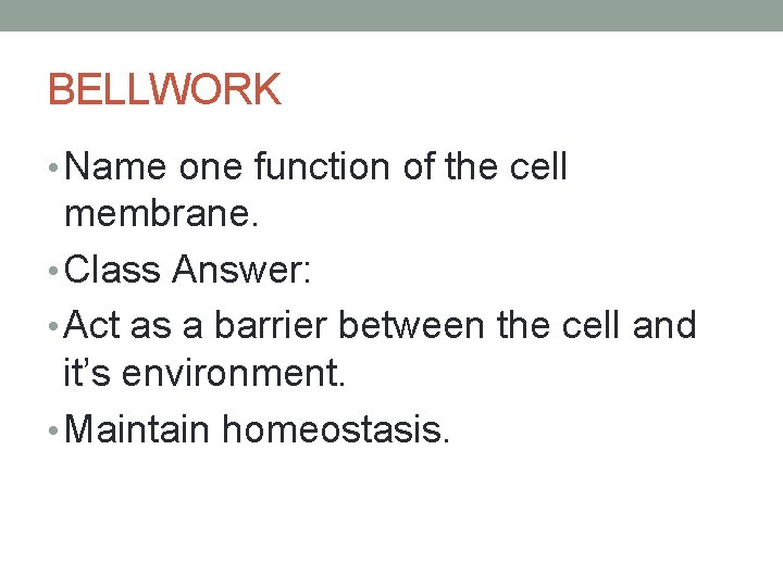 BELLWORK • Name one function of the cell membrane. • Class Answer: • Act