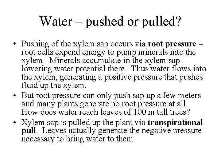 Water – pushed or pulled? • Pushing of the xylem sap occurs via root