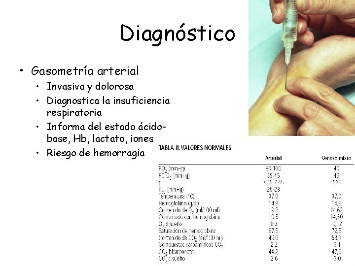Diagnóstico • Gasometría arterial • Invasiva y dolorosa • Diagnostica la insuficiencia respiratoria •