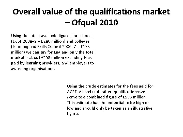 Overall value of the qualifications market – Ofqual 2010 Using the latest available figures