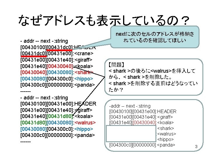 なぜアドレスも表示しているの？ - addr -- next -: string [00430100][00431 dc 0]: HEADER [00431 dc 0][00431