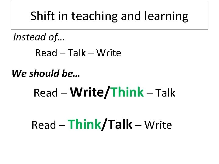Shift in teaching and learning Instead of… Read – Talk – Write We should