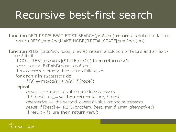Recursive best-first search function RECURSIVE-BEST-FIRST-SEARCH(problem) return a solution or failure return RFBS(problem, MAKE-NODE(INITIAL-STATE[problem]), ∞)