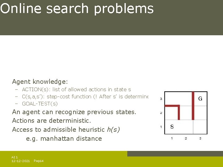 Online search problems Agent knowledge: – ACTION(s): list of allowed actions in state s Online search problems Agent knowledge: – ACTION(s): list of allowed actions in state s