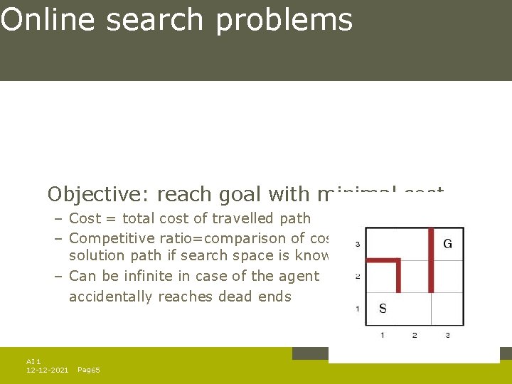 Online search problems Objective: reach goal with minimal cost – Cost = total cost Online search problems Objective: reach goal with minimal cost – Cost = total cost