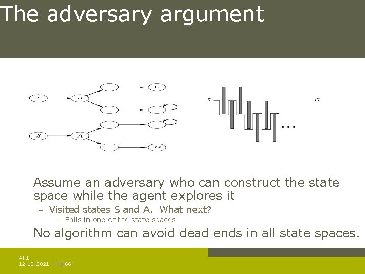 The adversary argument Assume an adversary who can construct the state space while the The adversary argument Assume an adversary who can construct the state space while the