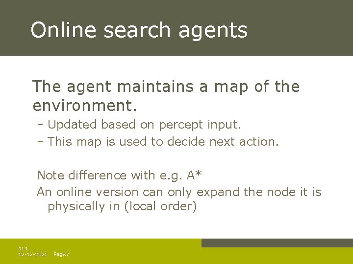 Online search agents The agent maintains a map of the environment. – Updated based Online search agents The agent maintains a map of the environment. – Updated based