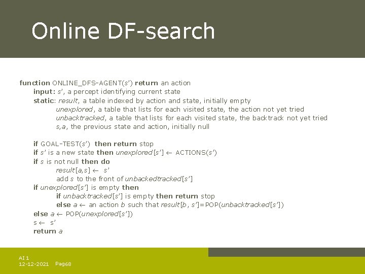 Online DF-search function ONLINE_DFS-AGENT(s’) return an action input: s’, a percept identifying current state Online DF-search function ONLINE_DFS-AGENT(s’) return an action input: s’, a percept identifying current state