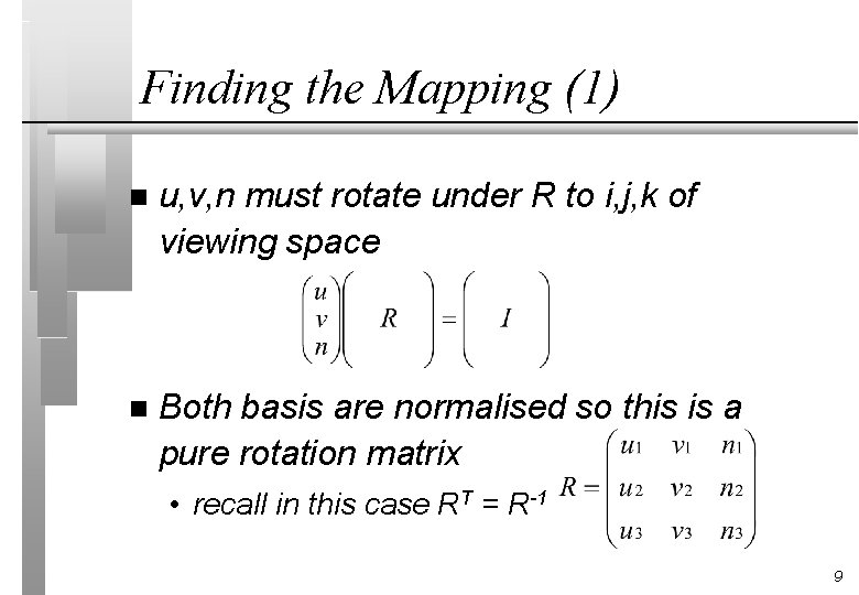Finding the Mapping (1) n u, v, n must rotate under R to i,