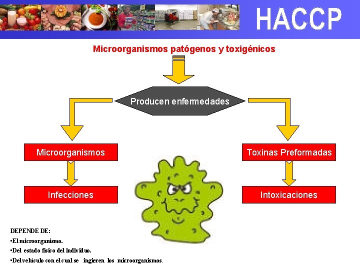Microorganismos patógenos y toxigénicos Producen enfermedades Microorganismos Toxinas Preformadas Infecciones Intoxicaciones DEPENDE DE: •