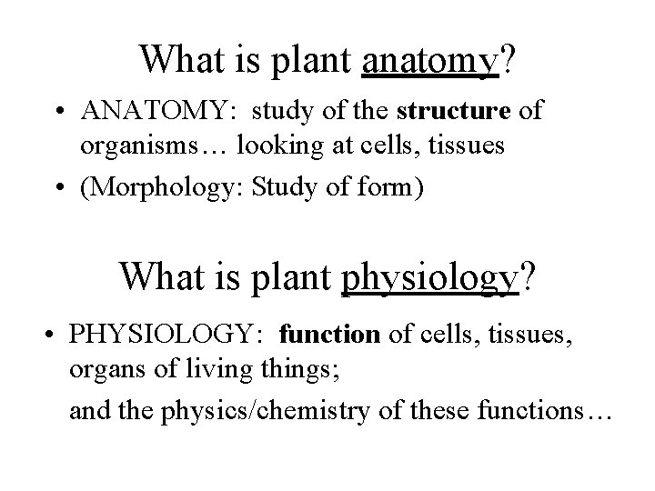 What is plant anatomy? • ANATOMY: study of the structure of organisms… looking at