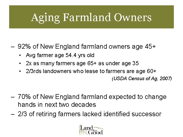 Aging Farmland Owners – 92% of New England farmland owners age 45+ • Avg