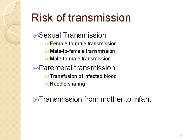 Risk of transmission Sexual Transmission Female-to-male transmission Male-to-female transmission Male-to-male transmission Parenteral transmission Transfusion