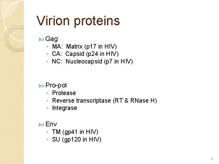 Virion proteins Gag ◦ MA: Matrix (p 17 in HIV) ◦ CA: Capsid (p