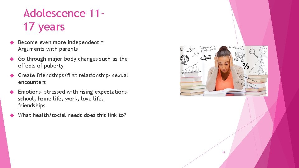 Adolescence 1117 years Become even more independent = Arguments with parents Go through major