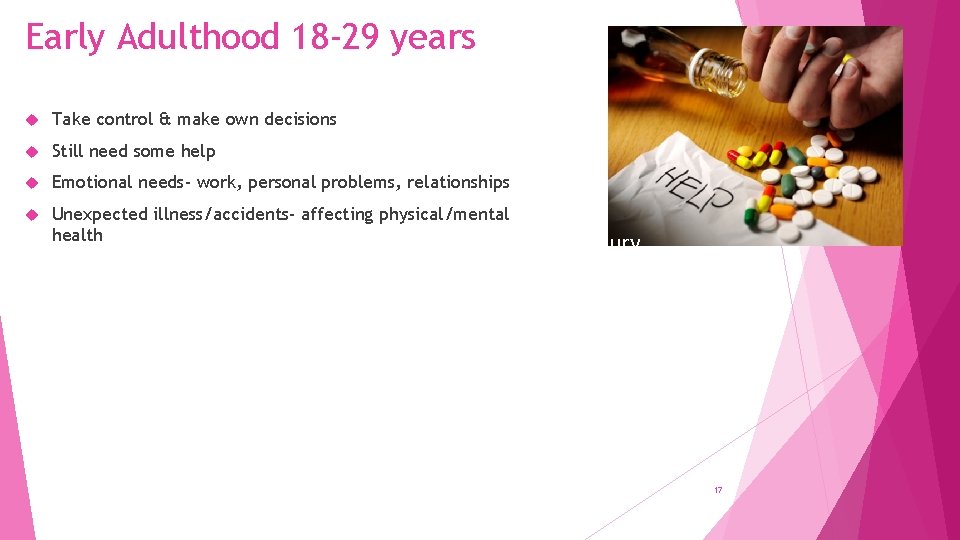 Early Adulthood 18 -29 years Take control & make own decisions Still need some
