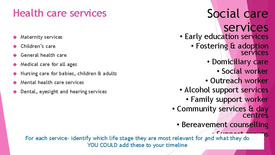 Health care services Social care services • Early education services Children’s care • Fostering