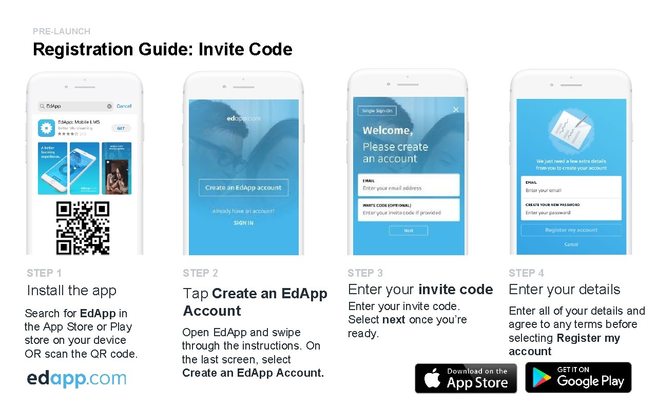 PRE-LAUNCH Registration Guide: Invite Code STEP 1 STEP 2 STEP 3 STEP 4 Install