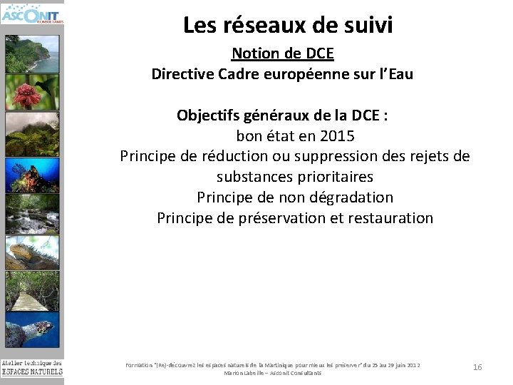 Les réseaux de suivi Notion de DCE Directive Cadre européenne sur l’Eau Objectifs généraux